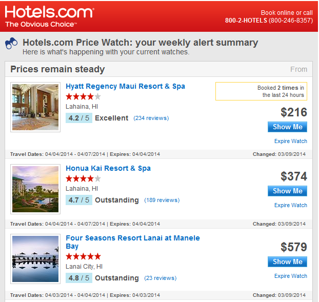 hotels.com price watch email