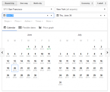 google flights calendar of ticket costs