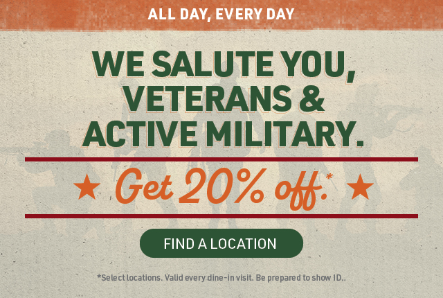 OCharleys Coupon - 20% off for Veterans & Active Military. Must show ID.

At participating locations
